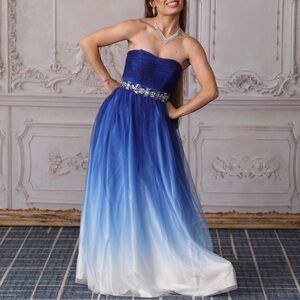 Elegant Blue and White Strapless Gown